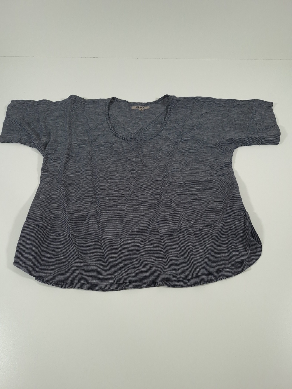Flax Shirt Womens Medium Blue Stripe 100% Linen Short Sleeve Tunic Top Casual